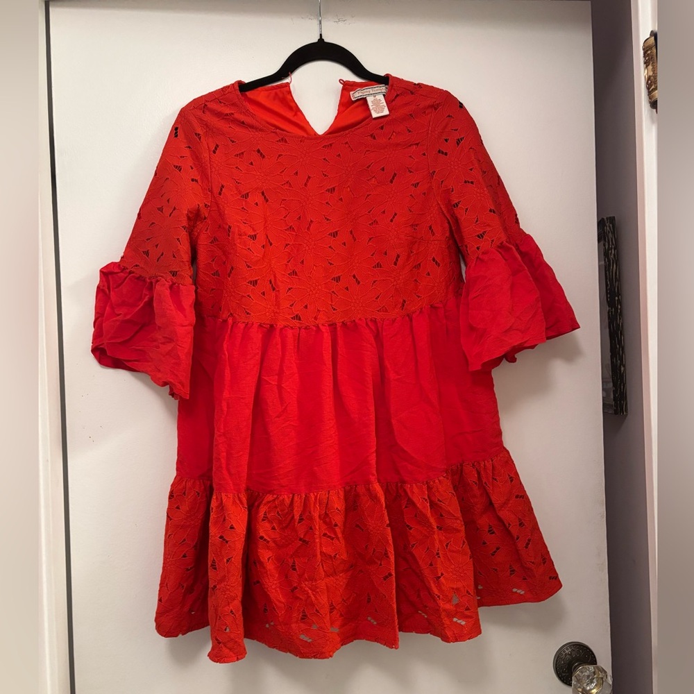 Flying Tomato babydoll mini dress eyelet lace ruffle sleeves. Red Valentines M
